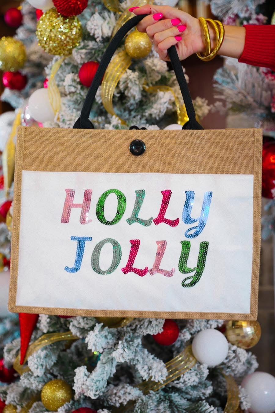 Holly Jolly SEQUINS Burlap Tote